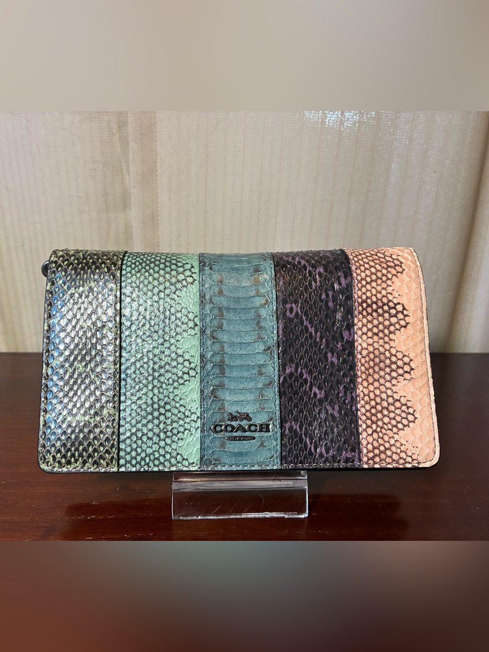 Coach Callie Foldover Snakeskin Leather Chain Clutch